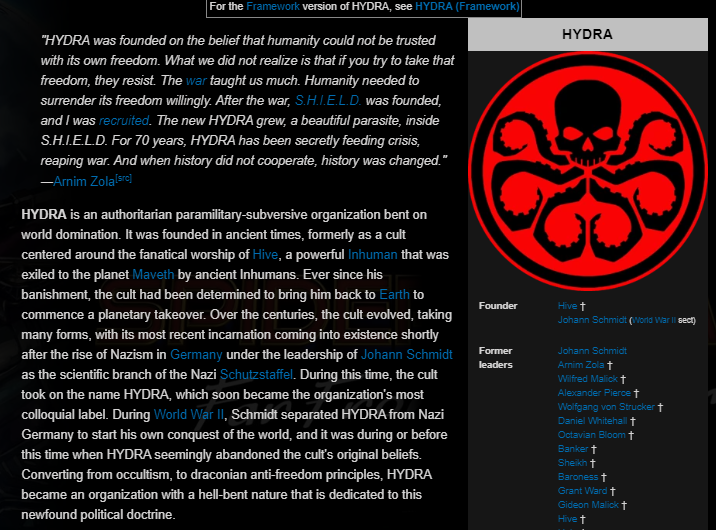 So yeah, it's THIS blatant, they're rubbing the truth in our faces and calling it fiction.The best part?They even parody MKULTRA, and later in the series it is revealed that Captain America's friend had been brainwashed by Hydra to be an assassinHe then went on to kill JFK