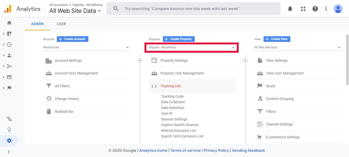 38. Untuk mengatur/mencari tracking code masing-masing property >> di bawah "Create Property" ada dropdown >> klik >> pilih property yg diinginkan.