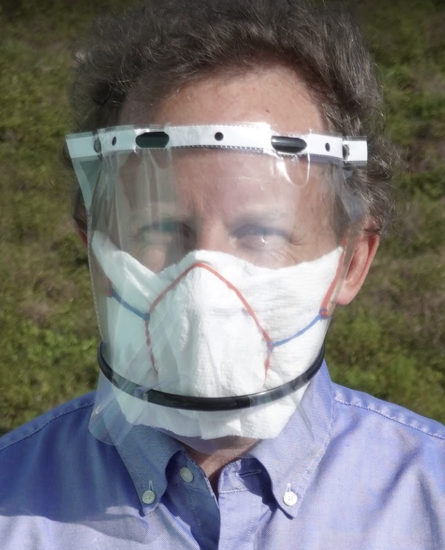 Q: How about face shields?A: Face shields are not well studied, but are probably a useful addition. Here's my "maxed out" face covering, using paper towel, foil nose piece, rubber bands, a transparent file folder, and hair bands. Took 5 mins, required no tools, cost $0.65