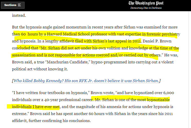 What& #39;s really interesting is JFK& #39;s brother, RFK& #39;s assassin& #39;s lawyer claimed in & #39;11 that he was a victim of brainwashing and was a patsyRFK Jr. claims that another man, an ex-CIA and Military Industrial Complex employee was the second gunman that ACTUALLY killed his father