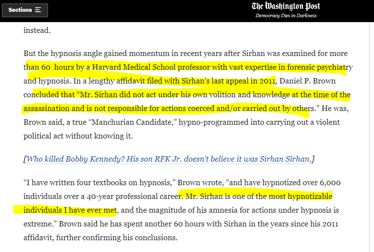 What's really interesting is JFK's brother, RFK's assassin's lawyer claimed in '11 that he was a victim of brainwashing and was a patsyRFK Jr. claims that another man, an ex-CIA and Military Industrial Complex employee was the second gunman that ACTUALLY killed his father