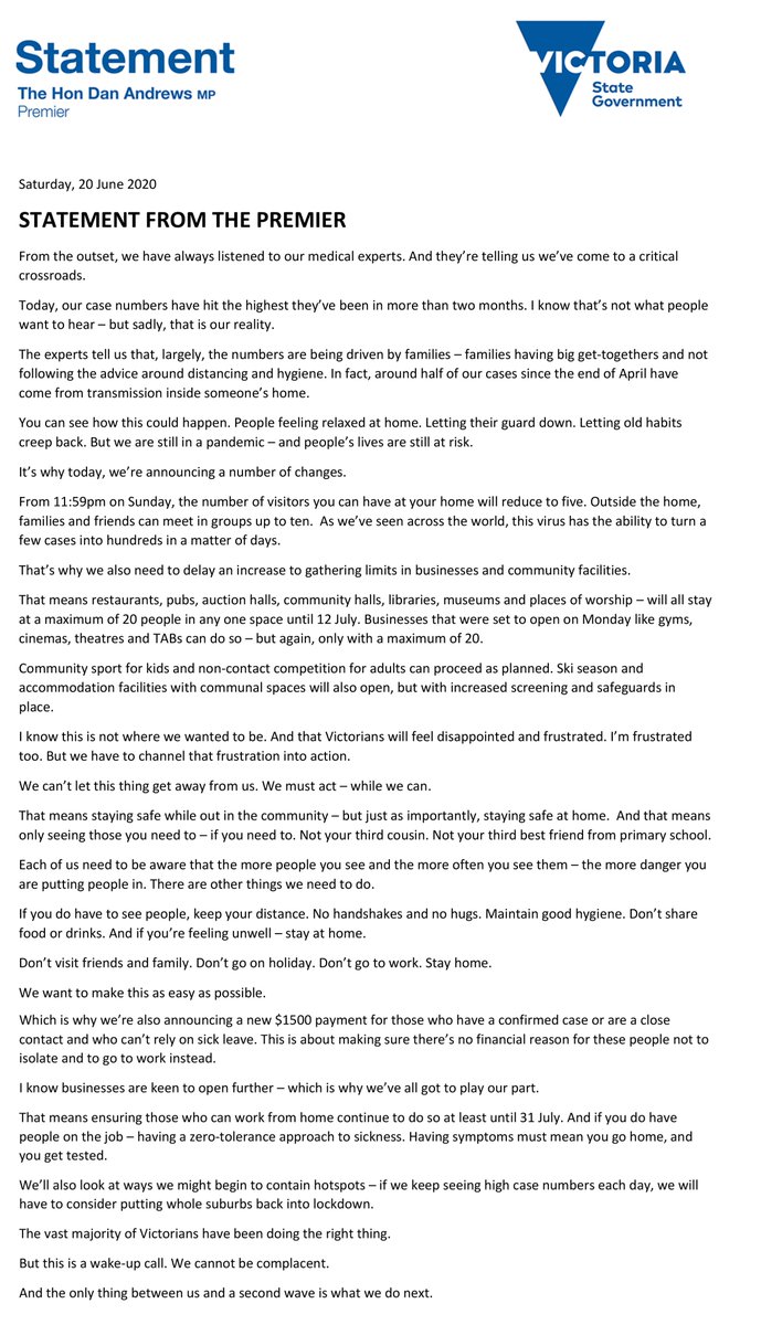 Dan Andrews On Twitter Statement From The Premier On Changes To Restrictions In Victoria