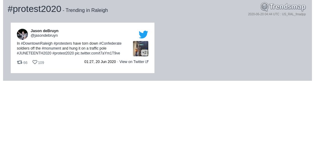 TrendsRaleigh's tweet photo. #protest2020 is now trending in #Raleigh

https://t.co/QpwkjDA6RA https://t.co/s9PLu5SErC