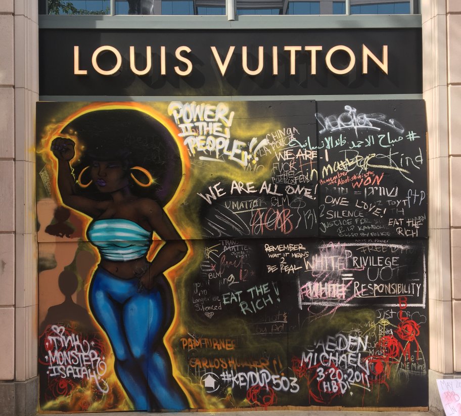 GODHEAD 0_00: JUNETEENTH '20went on a downtown portland expedition today in search of effigies of capitalism and tributes to BLACK LIVES. gracious thank you to apple, microsoft, and louis vuitton for promising to preserve these murals by never ever, ever, ever coming back!