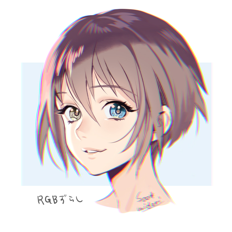 1girl solo heterochromia short hair blue eyes portrait brown hair  illustration images