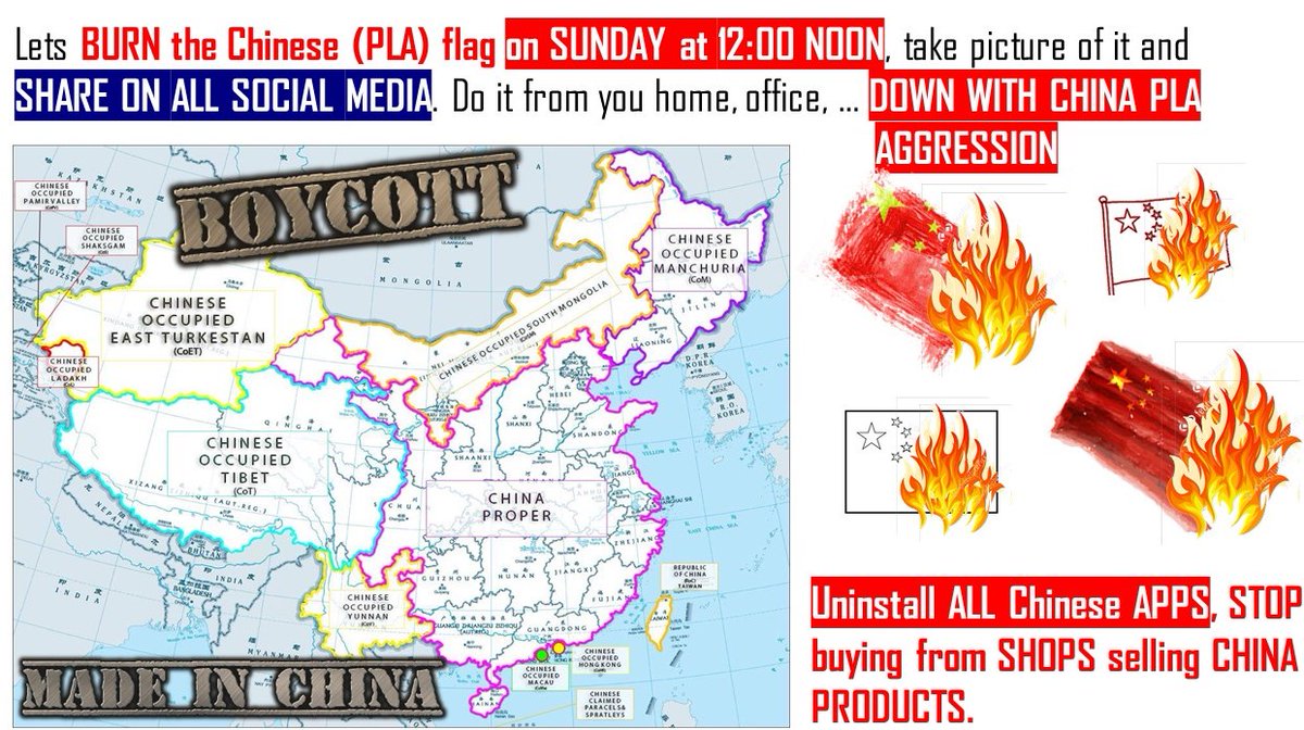 0044Tamil's tweet photo. Lets #BoycottChina  #BoycottChineseApp 

#BurnChinaFlag on SUN 12:00 Noon and SHARE THE PIC 

#Ladakh #GalwanValley #JaiHind #HongKongIsNotChina #TaiwanIsNotChina 
#Tibet #FreeTibet #TibetIsNotChina #IndiaChinaFaceOff

#光復香港時代革命 
#ArnabGoswami #RepublicMediaNetwork https://t.co/cfXJfRC2sK