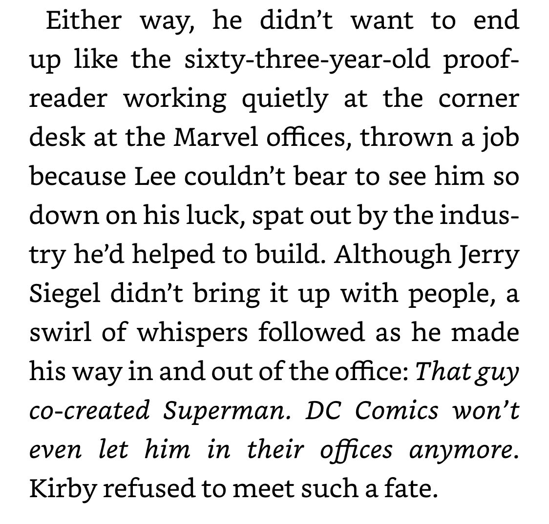 This book is so sad. I didnt know the orginal Superman creator spent his late career as a proofreader at Marvel Earlier in the chapter Marvel fucked over some guy so bad that he burned all his comics in his yard. It’s almost too much
