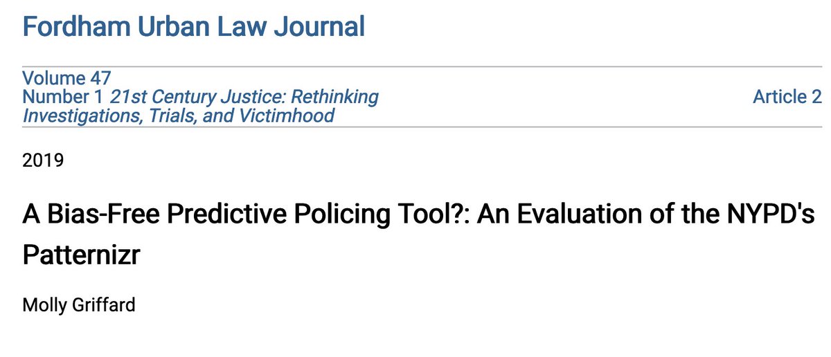 281/ "Predictive policing and actuarial justice tools—including algorithms that do not include race in their design—produce racially-disparate results that intensify policing of already over-policed communities." ( @FordhamULJ)