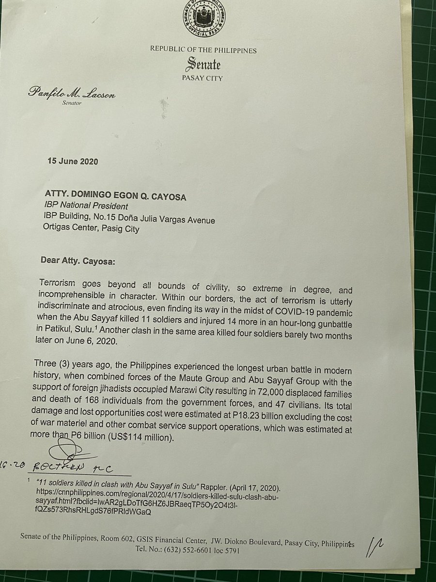 A THREAD — Sen. Lacson’s response to IBP President Cayosa’s statement regarding the Anti-Terror Bill. Lacson explains provisions that have been subject to misconceptions. (1/4) : Sec Locsin, who should really know how to make a thread #YesToAntiTerrorBill  #AntiTerrorBill