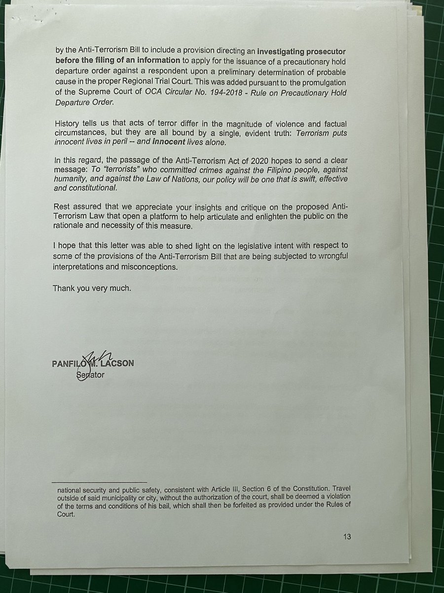 Senator Lacson’s response to IBP President Cayosa’s statement regarding the Anti-Terror Bill. Lacson explains provisions that have been subject to misconceptions. (4/4) “Terrorism puts innocent lives in peril - and innocent lives alone.” #YesToAntiTerrorBill  #AntiTerrorBill