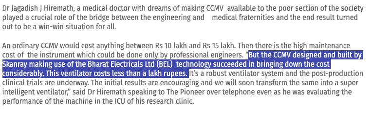 Shocking: PM CARES ventilator scam gets bigger. Could be 1500+ crores.I earlier said the price of 1 BEL Skanray ventilator was 2.5 lakhs. Turns out it's actually LESS THAN 1 LAKH. This was said on record by Dr. Hiremath (who helped design them) to  @TheDailyPioneer (1/3)