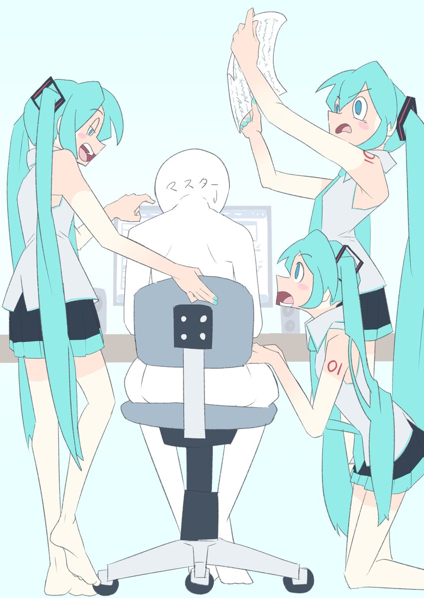 初音ミク 「マスターの新曲にダメ出しをするNHG(なぞの日焼けガールズ)の絵を描きました
#」|みしづかのイラスト