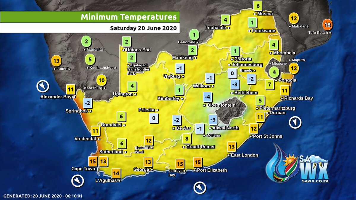 afriwx's tweet photo. 🇿🇦 Weather Overview for 𝙎𝙤𝙪𝙩𝙝 𝘼𝙛𝙧𝙞𝙘𝙖 Today (Saturday 20 June 2020) - 🌞 🇿🇦 Weather @ https://t.co/v7nzukUAo4 - #Meteogram #WXCharts #SouthAfrica #Rainfall #Weather #Maximum #Minimum #Temperatures #SAWX https://t.co/7GHpJ2Qa6a
