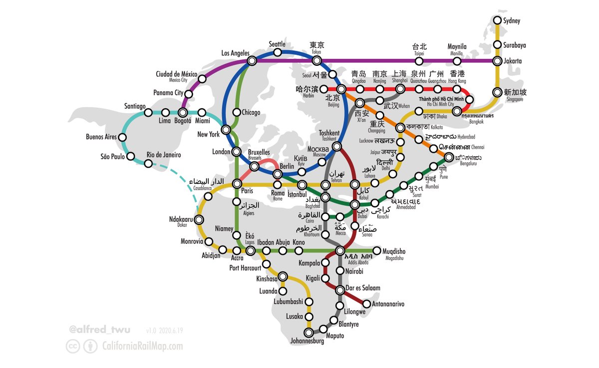 The year is 20xx.  Fast trains connect most of the world's largest cities.  There are no borders and fares are free.  Where do you go?

larger and editable version: californiarailmap.com/one-world-subw…