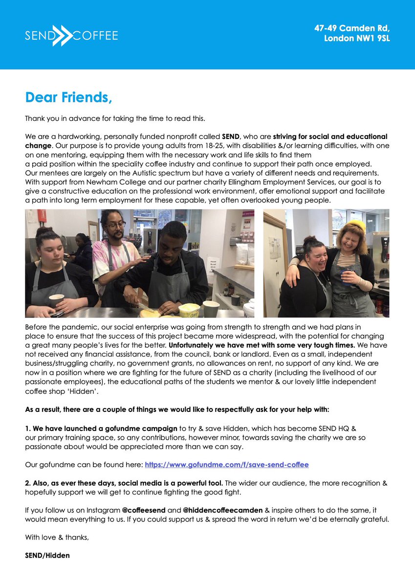 SEND Coffee (@coffeesend_) on Twitter photo An open letter about our continuing struggle 💙 #SaveSENDCoffee An open letter about our continuing struggle 💙 #SaveSENDCoffee