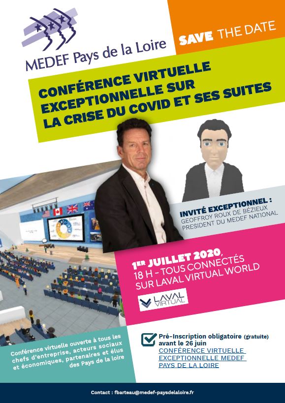 Vous avez jusqu'au 26 juin pour vous inscrire à l'événement <a href="/MedefPDL/">Mouvement des Entreprises de France #Paysdelaloire</a> avec la présence virtuelle de <a href="/GeoffroyRDB/">Geoffroy Roux de Bezieux</a> sur le lien suivant : docs.google.com/forms/d/e/1FAI… Dès mardi vous recevrez le process pour créer votre avatar sur <a href="/lavalvirtual/">Laval Virtual</a> ! A vos inscriptions et vos RT !