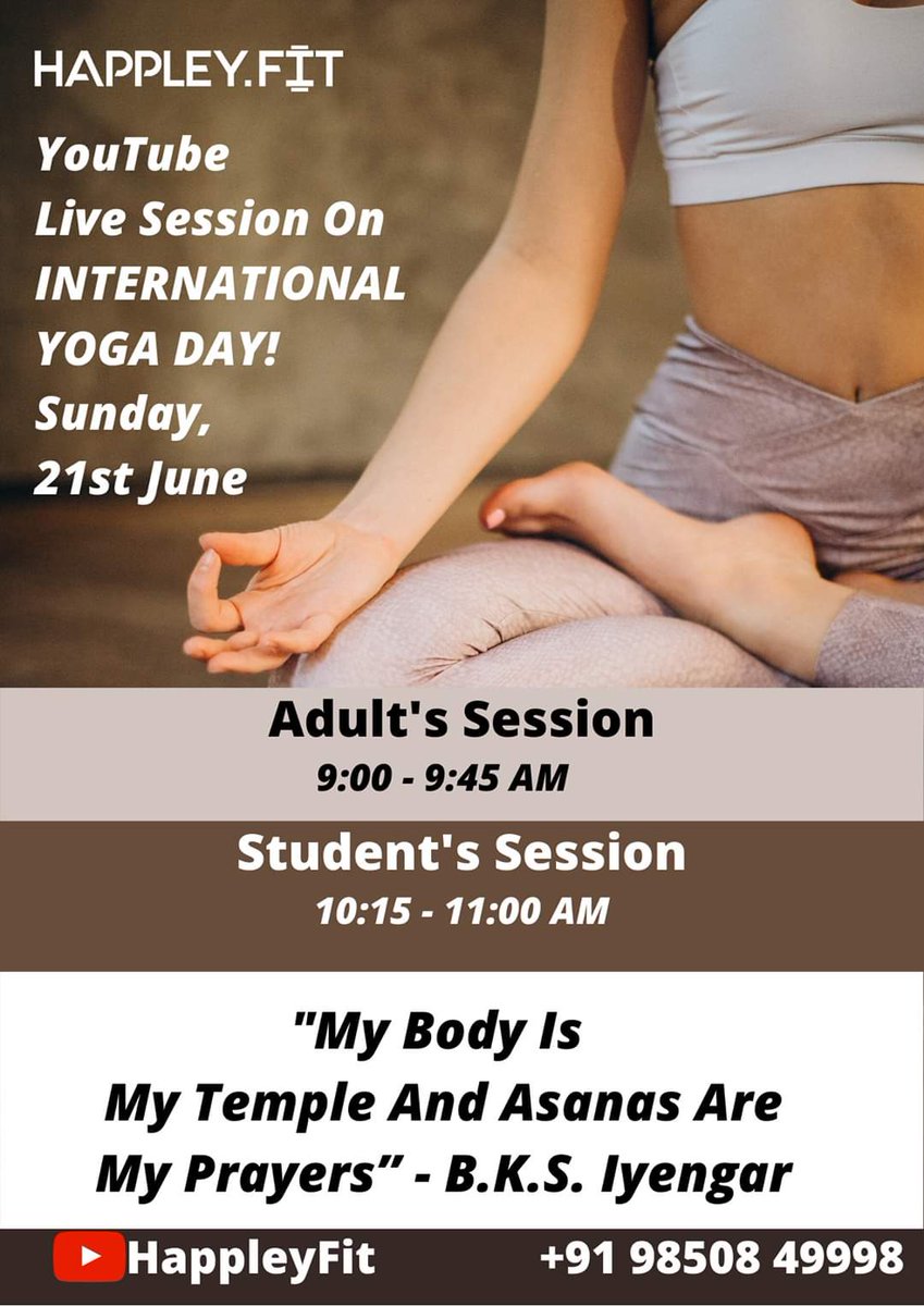 HappleyFit's tweet photo. Do join us tomorrow
Adult Session - https://t.co/wAhS1XysJI
Child Session - https://t.co/INEU66vSN3

#happleyfit #internationalyogaday #yogaday  #yogapractice #schools #corporatehealth #corporatefitness #corporatewellness #parenting #InternationalDayOfYoga2020 #digitalhealth https://t.co/D2rYMjJcRy