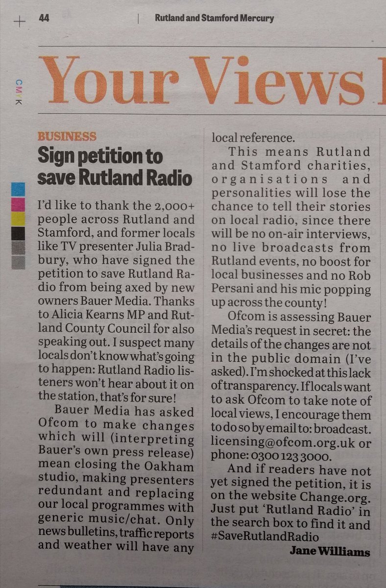 Thanks to the Mercury for printing my letter this week. I suspect many listeners to Rutland Radio dont use social media, so it's another way to inform people of the threat to the local community. #SaveRutlandRadio