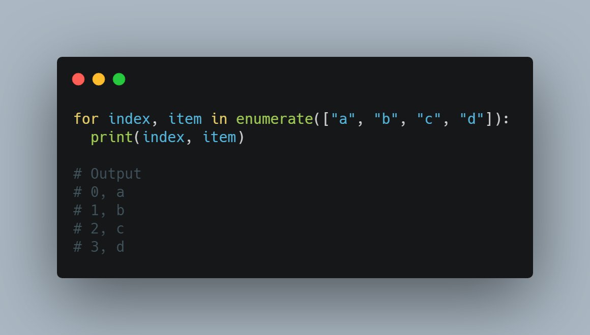 WhileLab's tweet image. Day 1 of 10 Python Tricks in 10 Days

In Python, you can get the index of the item in the list by using enumerate instead of the range method, check this out 👇

#CodeNewbie #100daysofcode #programming #CodeNewbies