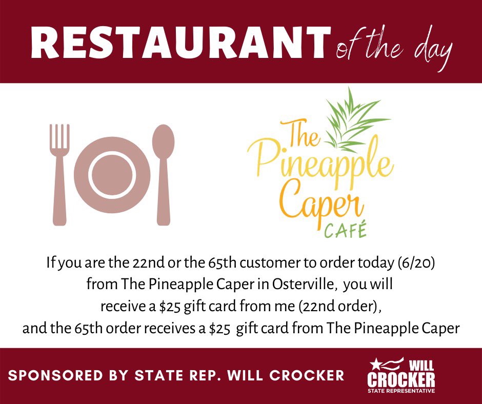 WillCrockerJr's tweet image. Today I challenge you to order from the Pineapple Caper on Main Street in Osterville - the Restaurant of the Day! If you are the 22nd or the 65th customer to order today, you will win a $25 gift card for your next order!
open from 7:30AM-2:00PM today!
#eatlocal #shoplocalcapecod