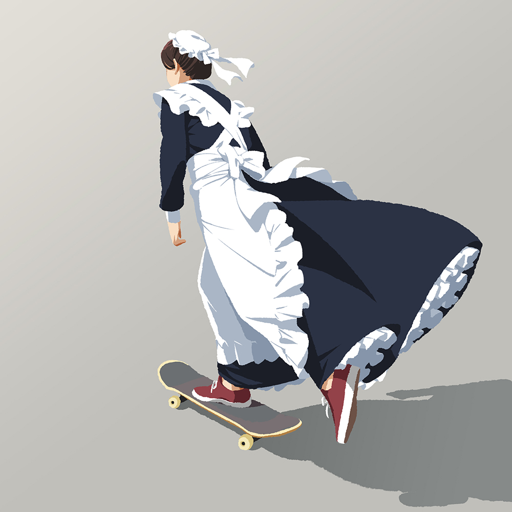 1girl solo apron maid maid apron skateboard mob cap  illustration images