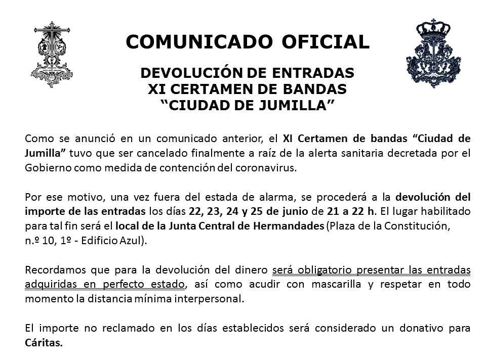 ℹ️ COMUNICADO OFICIAL.

Devolución de las entradas "XI CERTAMEN CIUDAD DE JUMILLA".