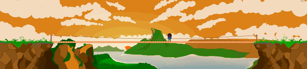 kei_pixel's tweet photo. 吊り橋ステージほぼ完成、手前で力を入れすぎて奥が適当になった。ここで空を飛ぶ敵か大型ボスと戦わせたい。動きつければタイトル画面にも使えそう

#アクツクMV　 #ドット絵
#pixelart　#LAN4LINX https://t.co/xRB5Ks3l7Z
