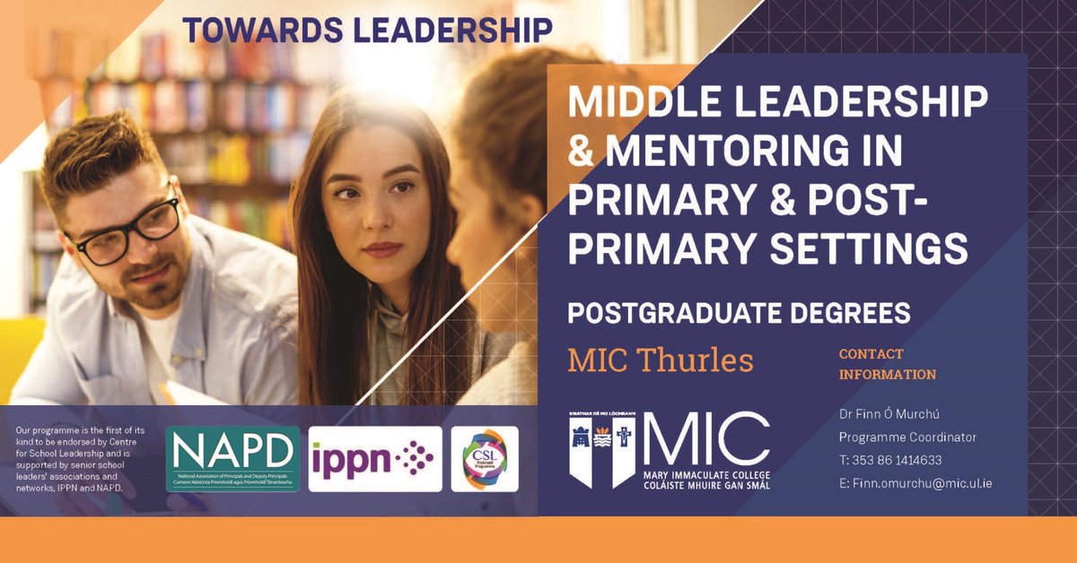 ⁦Interested in school leadership? Our 2 year MEd starts in September ⁦⁦<a href="/MICThurles/">School of Education, MIC Thurles</a>⁩ <a href="/MICLimerick/">Mary Immaculate College (MIC)</a>⁩ Tailored to your context and career plans, choose Cert/Dip/Masters. Supported by⁩ ⁦⁦<a href="/IPPN_Education/">IPPN</a>⁩ ⁦<a href="/NAPD_IE/">NAPD</a>⁩ ⁦⁦<a href="/cslireland/">Centre for School Leadership 🇮🇪🇪🇺</a>⁩. Beir bua!