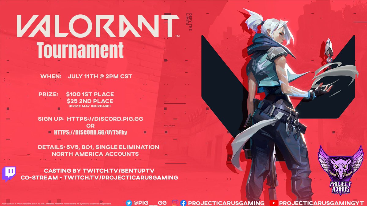 Missed our June Valorant Tournament? Join us in July!

Sign Up: discord.gg/UYT5Fky
TourneyBot By: @TKpays 

#VALORANT #eSports #Tournament