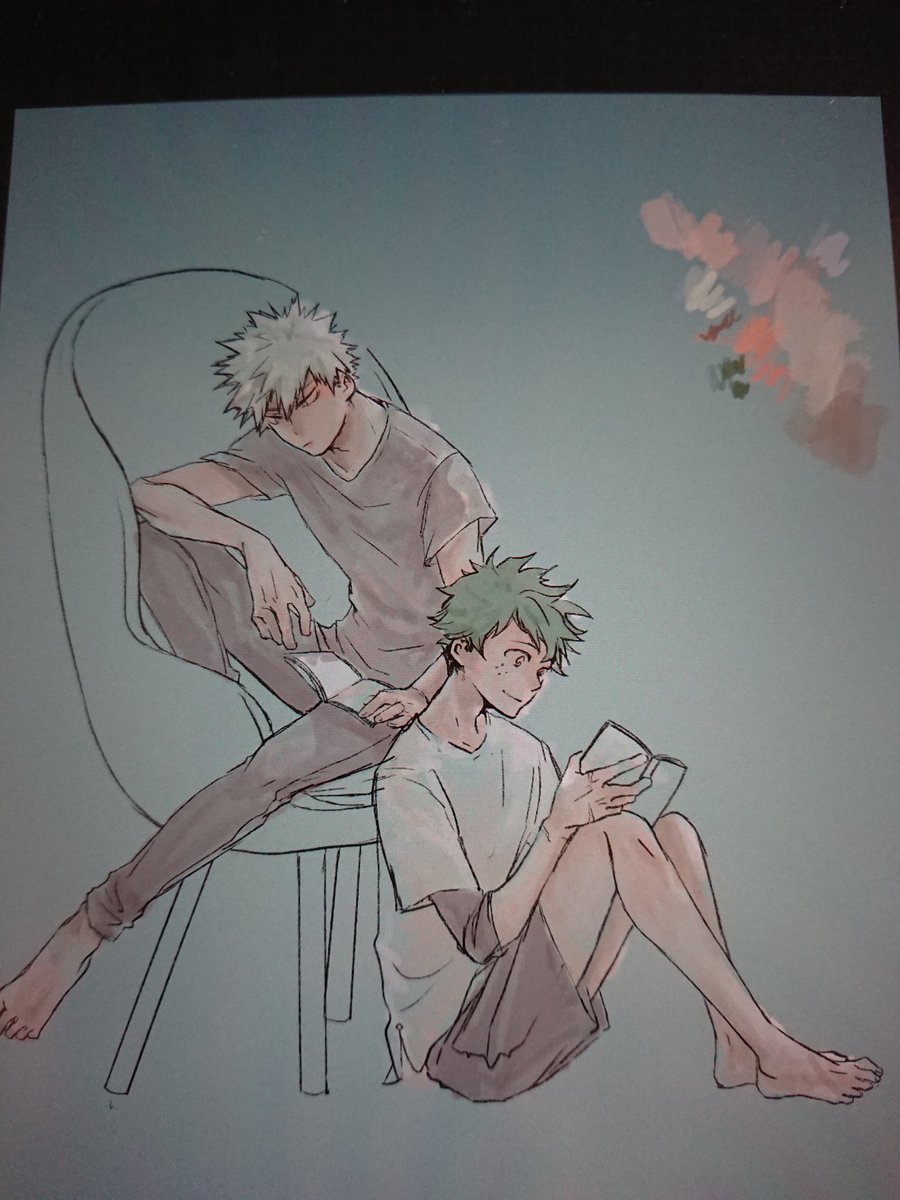 bakugou katsuki ,midoriya izuku multiple boys 2boys sitting male focus green hair shorts shirt  illustration images