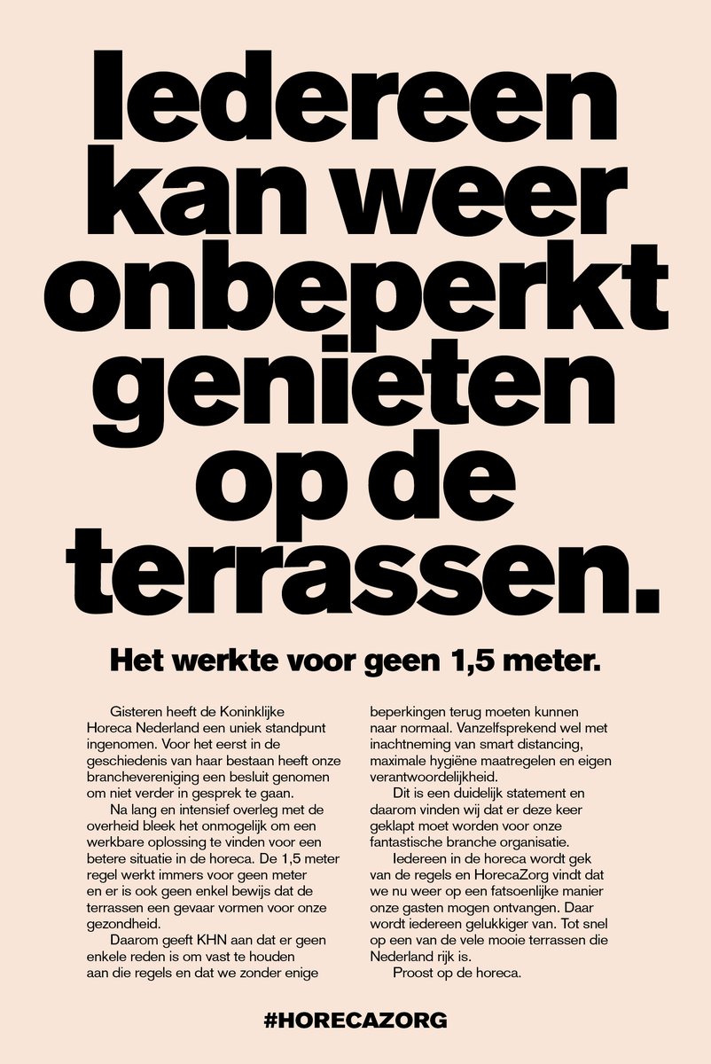horecazorg's tweet photo. Vandaag in het @FDNyenrode : De maatregelen op het terras werken voor geen 1,5 meter. Ook branchevereniging voor de horeca, @KHN, ziet dat en neemt een uniek standpunt in. Vandaag klappen we voor KHN en proosten we op de horeca op één van de terrassen in het land!

#Horecazorg https://t.co/CfPxBAZ2TU