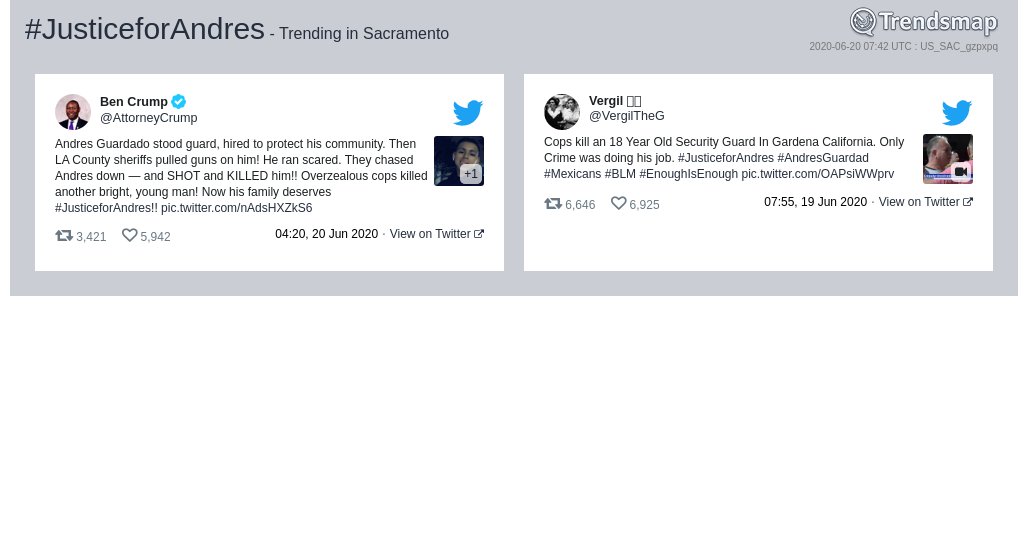 TrendsSacto's tweet photo. #justiceforandres is now trending in #Sacramento

https://t.co/tP4bqjLGii https://t.co/g0UAb9OtQ3