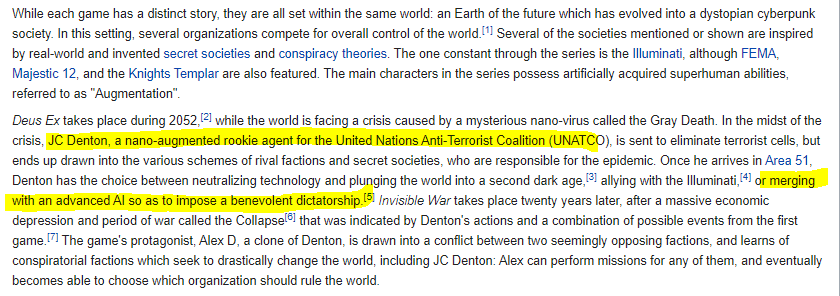 Not only does the game mention the Rockefellers and Rothschilds by name, it too shares the techno Jesus Christ themes, having the main character named"JC" DentonIt too ends with scenarios that require the protagonist to sacrifice himself, in this case he must merge with AI