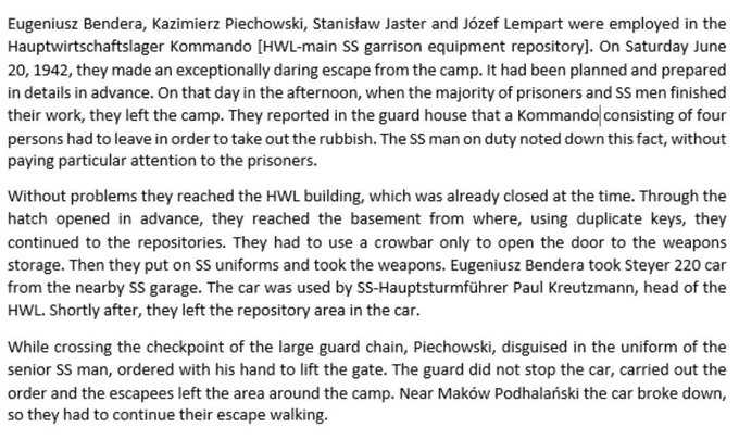 20 June 1942 | Driving a stolen SS car and wearing SS officers uniforms, four Polish prisoners escaped from  #Auschwitz camp: Eugeniusz Bendera, Stanisław Gustaw Jaster, Józef Lempart oraz Kazimierz Piechowski. It was one of the most spectacular escapes from the German Nazi camp.