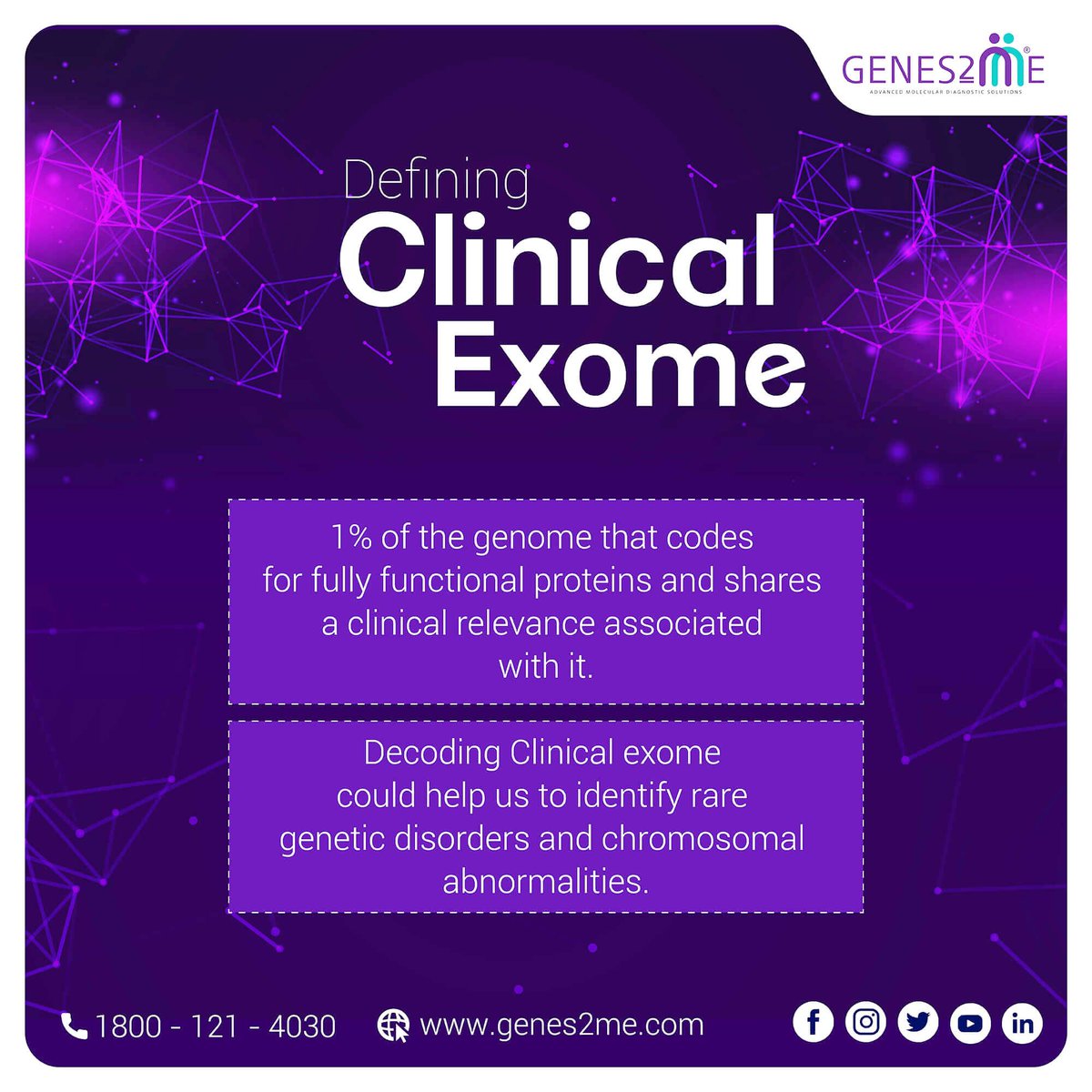 genes2me's tweet image. Unlock your clinical exome and identify the presence of rare genetic disorders and chromosomal abnormalities in your genome. Stay tuned to know more..
#ClinicalExome #ClinicalExomeTest #ChromosomalAbnormalities #GeneticDisorders #GeneticTest
Connect Today - GENES2ME
1800-121-4030