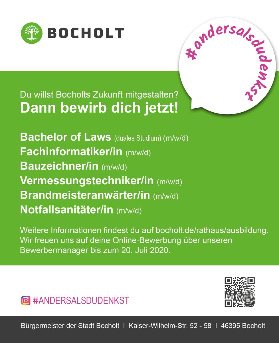 Die Stadtverwaltung #Bocholt sucht junge Talente! Im nächsten Jahr bilden wir in vielen unterschiedlichen Berufen aus. Bewirb Dich online bis zum 20. Juli 2020 unter bocholt.de/rathaus/ausbil… presse-service.de/data.aspx/stat…