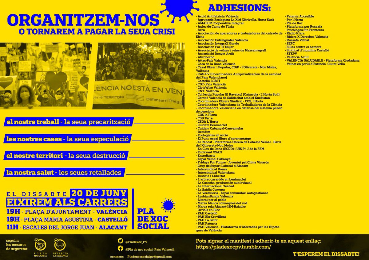 ⚠️⚠️⚠️ Recordeu que a les mobilitzacions de hui cal seguir les instruccions sanitàries. 
😷😷 No oblides la teua mascareta
❗❗ Recorda mantindre la distància de seguretat
 🤝🤝 Segueix les indicacions del servei d'ordre. 

💚💚💚 Entre totes, tot 💚💚💚

#20JYoVoy #Pladexoc