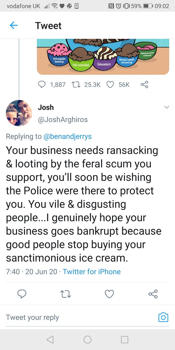 Everyday Racists *19. Josh is angry but is not entirely sure what he is most angry about. Is it that BLM are 'Fetal Drug dealing street gang Scum', that they are 'Momentum', or that people are buying 'sanctimonious ice cream'? Mmm...can I have a flake in mine?