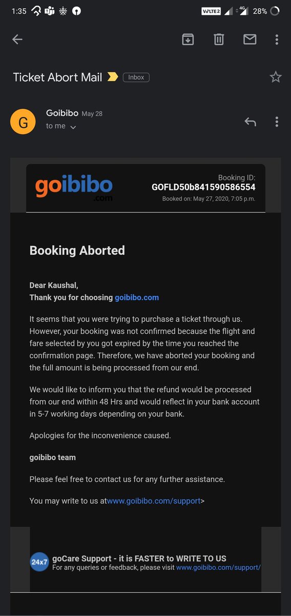 kaush777's tweet photo. @goibibo  I would like to know by when can i get the refund. On app it is showing "it will get refunded in 7 working days" but its been already 16 working days and still have not received the refund. Please update on this as soon as possible. Refer attach screenshot for details. https://t.co/BsbrfMwyhn