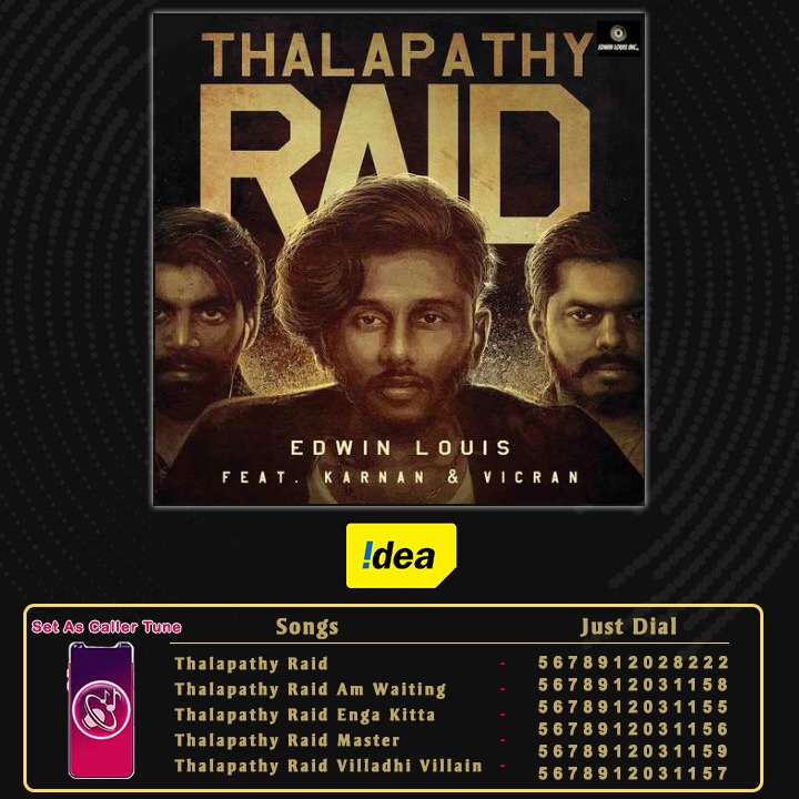 AlphaDigitech_'s tweet photo. ❤ ♪♬♪ Here are the #CallerTuneCodes of Sensational #THALAPATHYRAID #MasterYourMajesty !
Set Your Favorite Song As ur #Callertune now!
Lets di celebrations start!😍
#HBDThalapathy2020 #ThalapathyVijay #AlphaDigitech #Edwin_Louis @proyuvraaj @tuneyjohn @elayaraj4u @Haribob7 https://t.co/G9zafBcAup