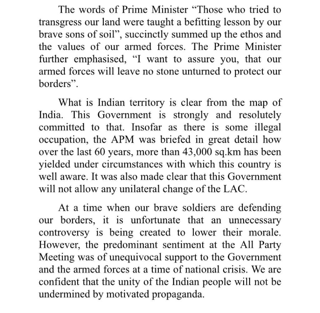 ANI's tweet image. Government of India statement on yesterday’s All-Party meeting.