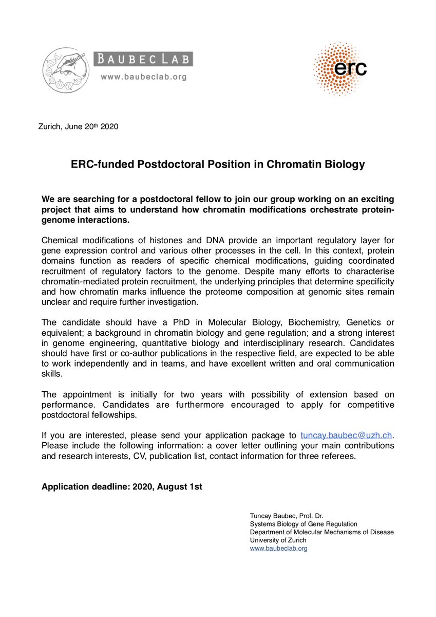 BaubecLab's tweet photo. Please RT. We have an opening for a postdoctoral fellow to join our lab. Chromatin Biology and Epigenomics. ERC-funded research. https://t.co/nXPqcdjdw7