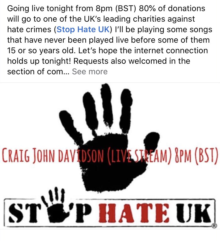 Live stream over on my Facebook page from 8pm (BST) in support of @stophateuk @KMKRecords @craigjohndavsn ❤️🙏🏻🏴󠁧󠁢󠁳󠁣󠁴󠁿