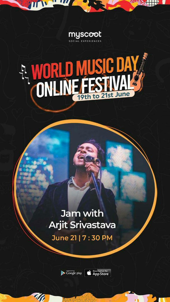 arvmuzic's tweet image. Hey guys!

Hope quarantine is treating you well.
I’m hosting an event with MyScoot this June 21, 7:30 PM. So, there’s gonna be music and lots of interaction in that session. It’s gonna be a paid session of Rs. 100. 

#WorldMusicDay 🎼 #OnlineFestival 
#Live #JamWithArjit 🎵 😍 🎶