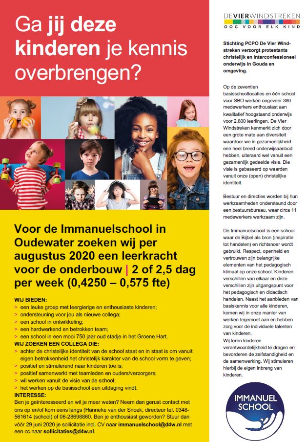 Leergierige en enthousiaste kinderen in het prachtige, oude stadje Oudewater zoeken een positieve en stimulerende juf of meester.