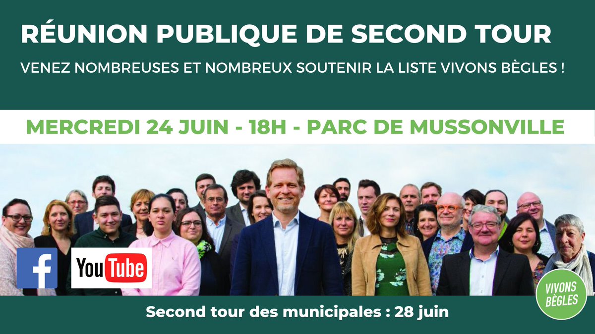 📍Nous vous donnons rendez-vous mercredi 24 juin à 18h, au Parc de Mussonville pour une #grande #réunion #publique en plein air de second tour ! Venez nombreuses et nombreux soutenir la liste Vivons Bègles !