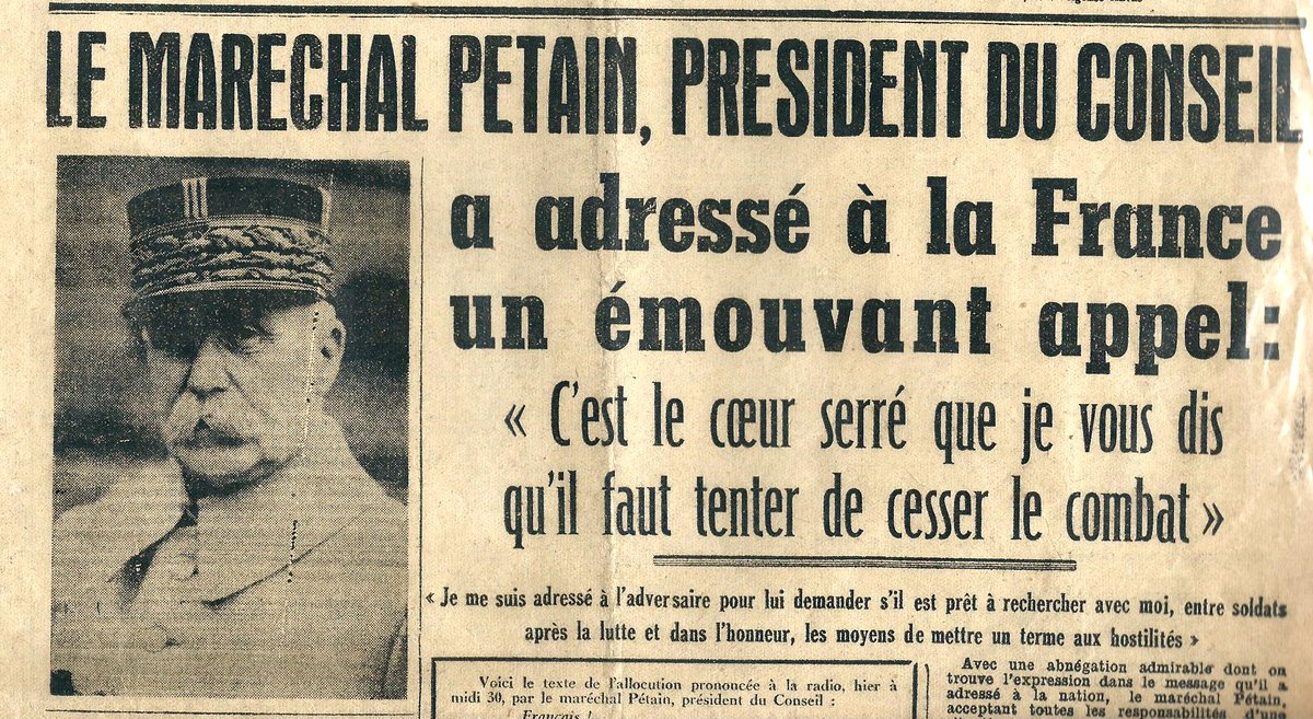 19/ Juste après la réunion, alors que Badoglio envoie l’ordre « lancer l’attaque tout de suite », Mussolini reçoit l’information qu’un armistice va être négocié.A 13h30 (12h30 heure française), Pétain tient son funeste discours.L’état-major à Rome s’affole. Il FAUT attaquer !