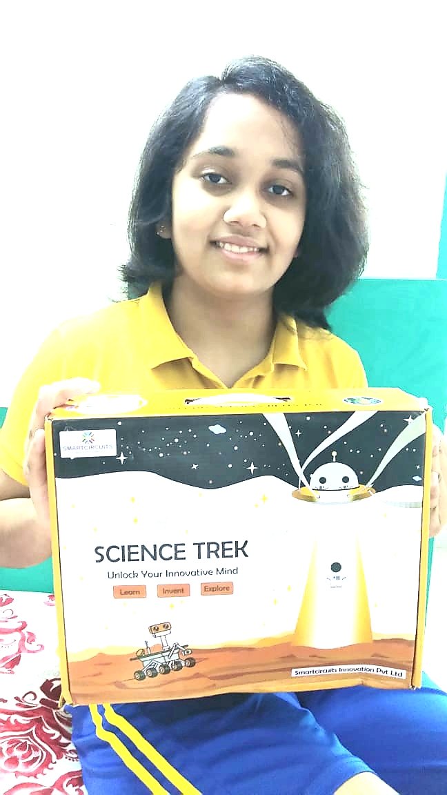 Smartcircuits's tweet photo. The look of joy! 😃#ScienceTrek- #STEM Kit subscribed by Swarnika Subh of grade 7th student of Vapi Public School, Gujrat. 

#OneStudentOneInnovation https://t.co/cz75nJ4pF7