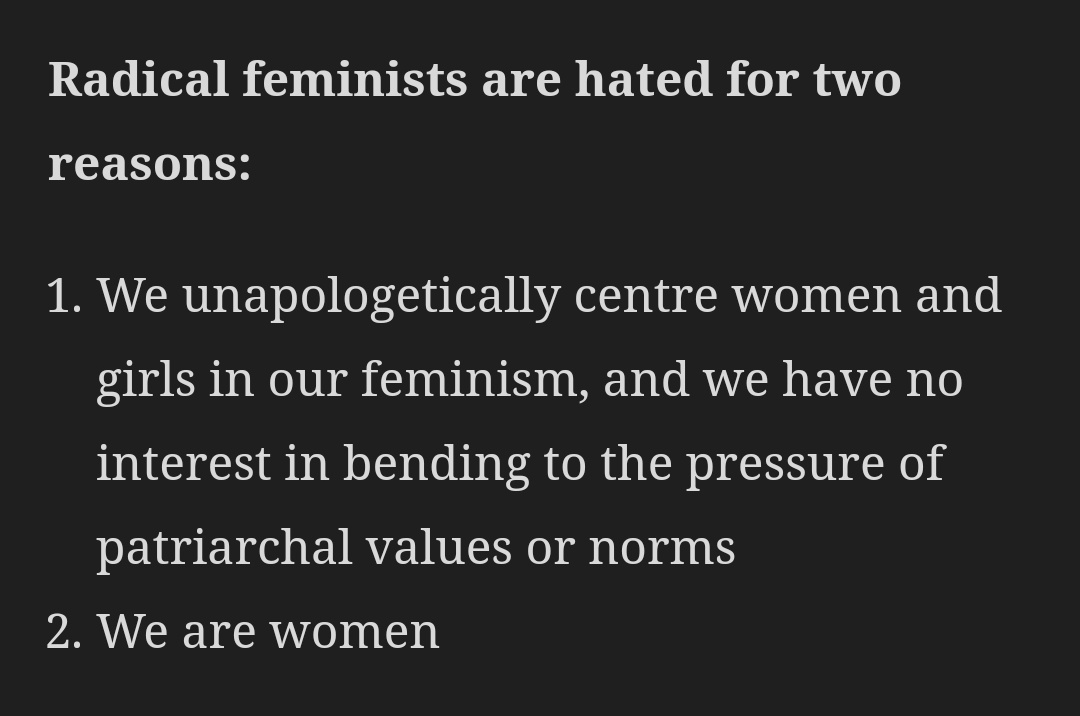 Radical feminism is despised because it is corrupted from the root with bigotry, hatred & the desire to crush any woman who does not comply with its frankly batshit belief systems.You are a cult.Delude yourselves that you are helping women but you are merely a cult. 1/