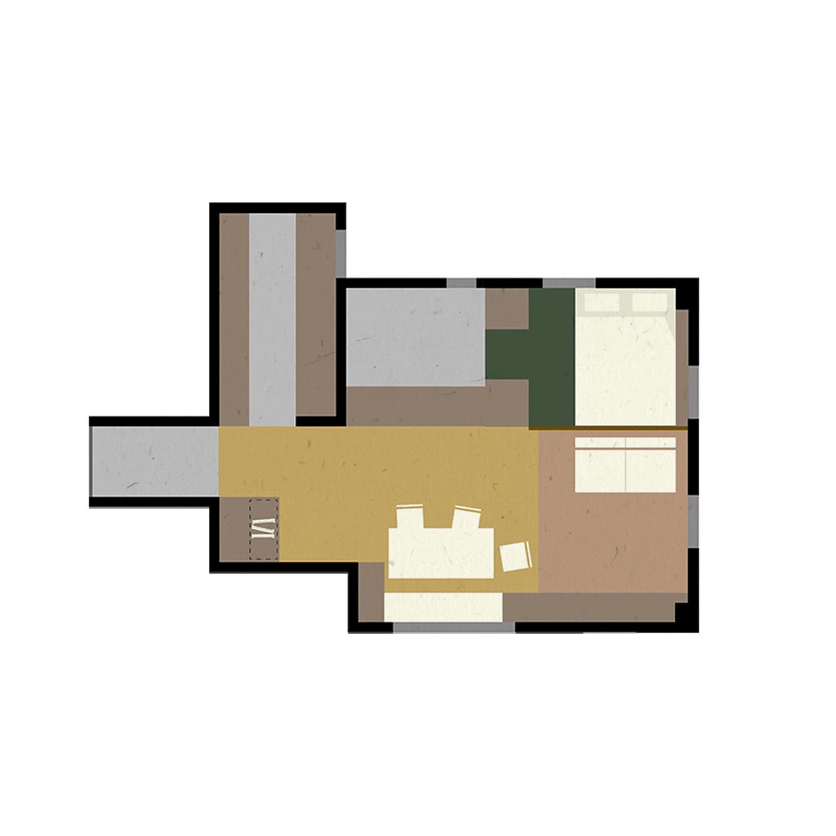 Berikut adalah denah untuk Flat 27A. Dapat dilihat, layout hunian cukup simple dan juga fleksibel. Bagian di samping bedroom adalah hidden storage pribadi sang owner. Kemudian juga ada area dapur dan kamar mandi.